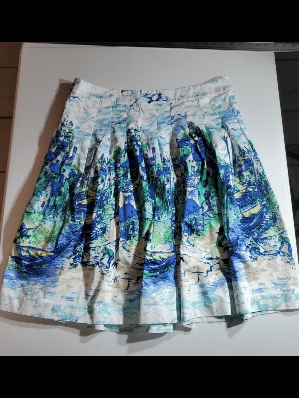 Talbots White Blue Green Pleated A-Line Skirt